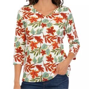 Kim Rogers Leaf Print 3/4 Sleeve V-Neck Cotton Fall Top